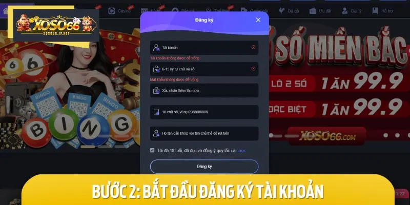 Tại bước này, bạn cần điền đầy đủ thông tin đăng ký XOSO66