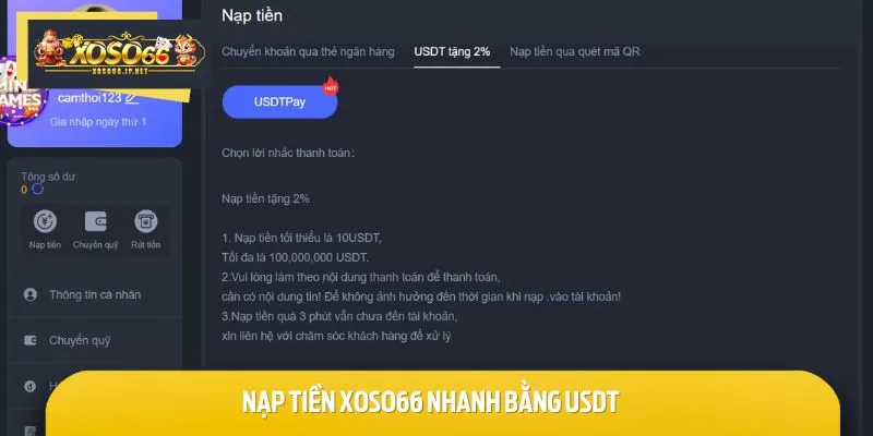 Nạp tiền XOSO66 bằng USDT được nhiều bet thủ lựa chọn